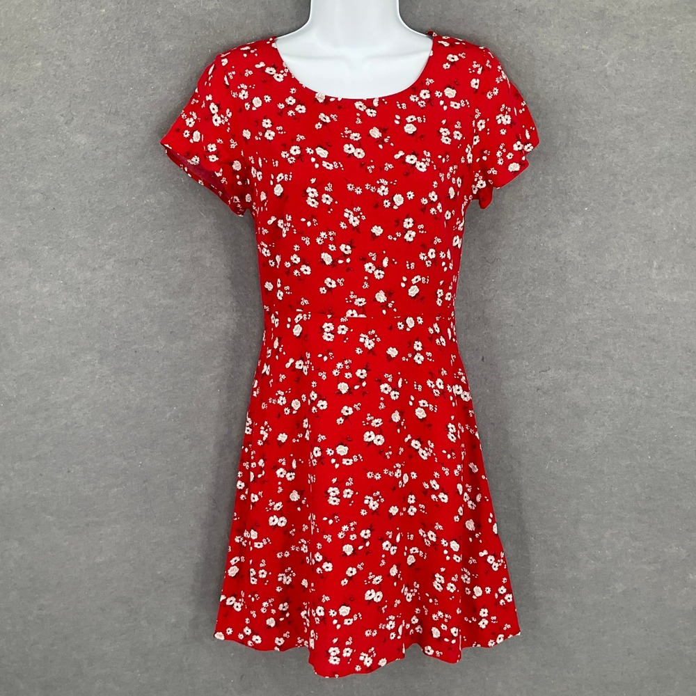 Hollister Red Ditsy Floral Mini Dress Sz XS Girly Tie Back Bohemian Festival